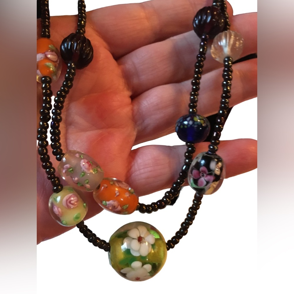 Beautiful‎ Seed & Lampwork Glass  Double Strand Necklace